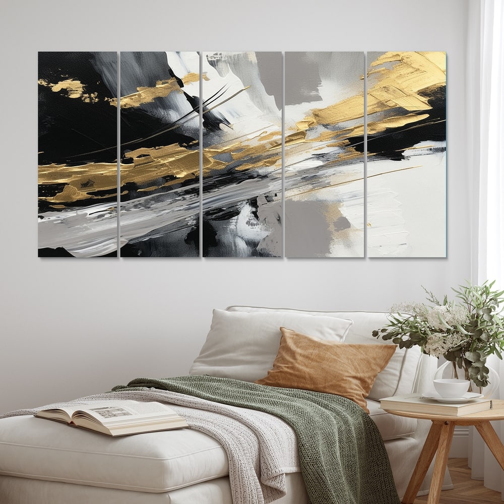 Designart "Golden River Wildness Abstract Gold And Black" Abstract Multipanel Canvas Wall Art set