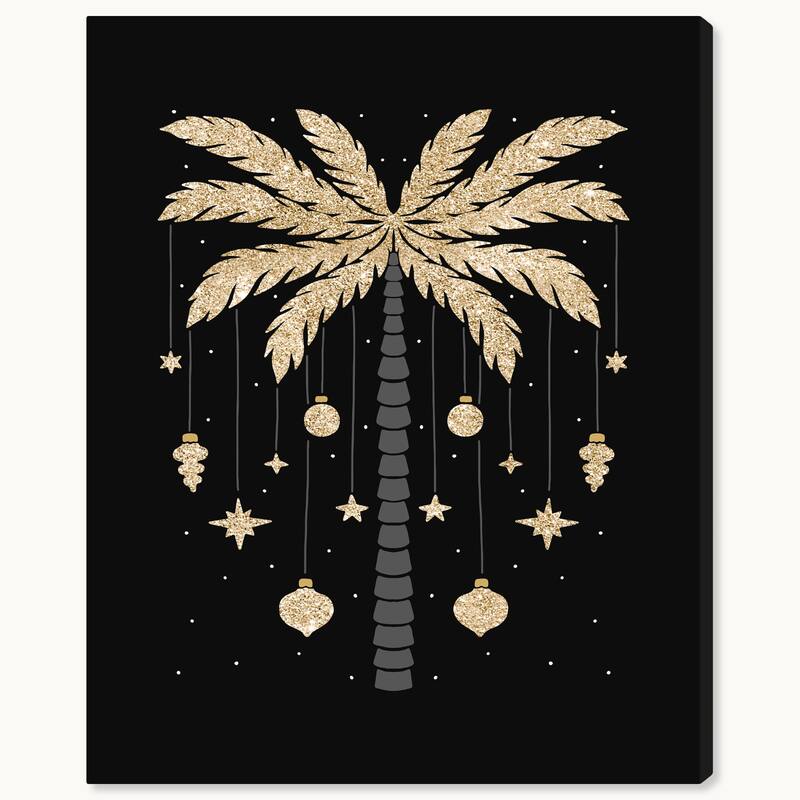 Wynwood Studio Canvas Holiday and Seasonal Golden Palm Tree for the Season Black Glam Wall Art Canvas Print