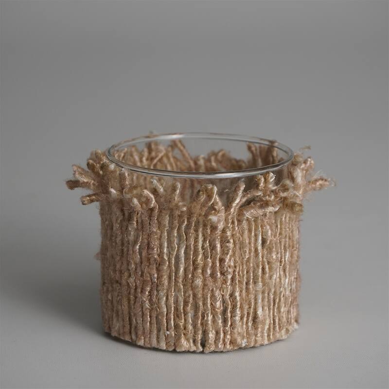 Candle Holder 3"x3" Wrapped in Natural Fabric- A - NATURAL
