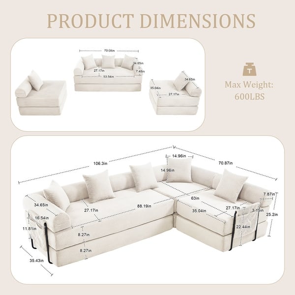 dimension image slide 3 of 5, HOMEFUN Corduroy Upholstered Convertible Folding Sofa Bed with Fixed Frame and Pillow Back Handrail