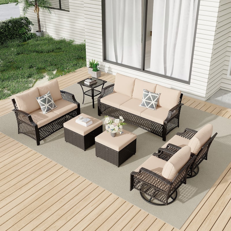 Outdoor Wicker Patio Set w Swivel Chairs & Sofa, Ottomans and Tables, Modular 3/5/6/7-Piece, All-Weather Conversation Set.