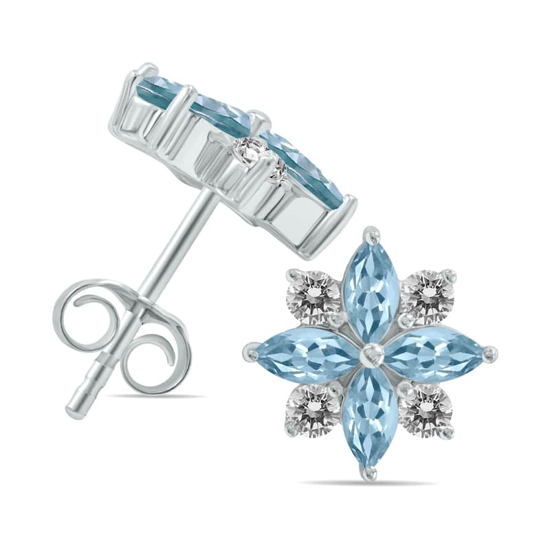 Marquee 1 Carat TW Aquamarine and Diamond Flower Earrings in 10K White Gold