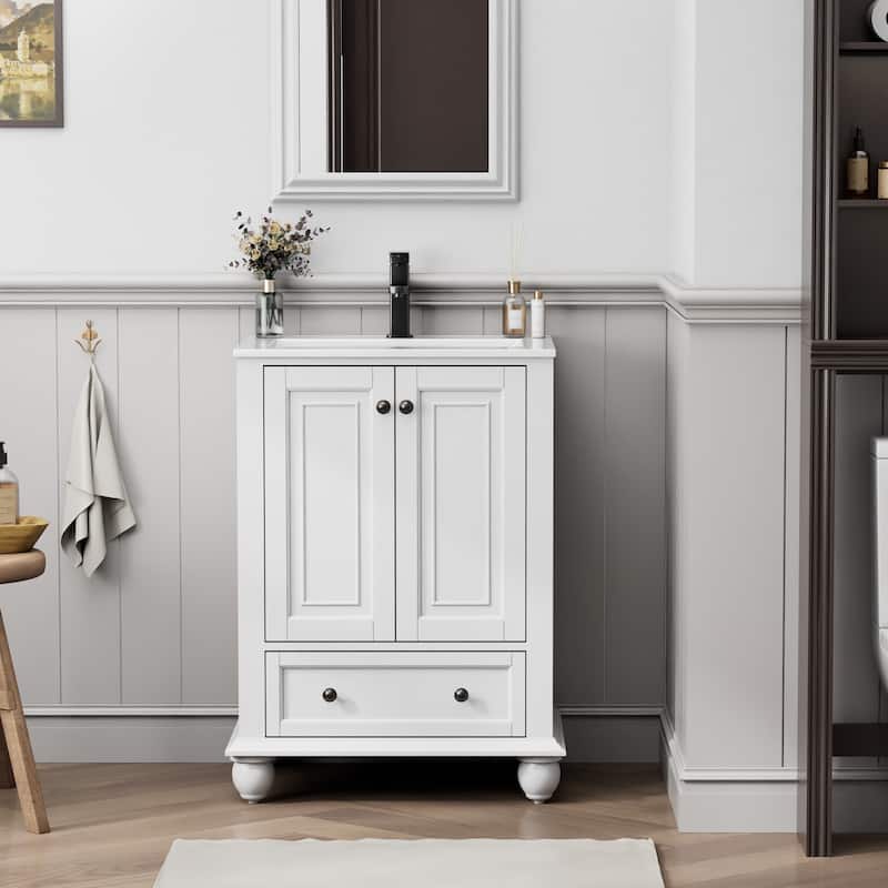 Retro Bathroom Vanity Cabinet Solid Wood Classic with Ceramic Sink - 24 in - White
