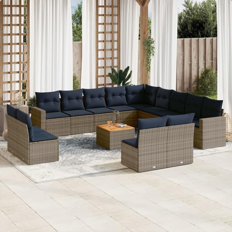 vidaXL 14 Piece Patio Sofa Set with Cushions Grey Poly Rattan - 24.4" x 24.4" x 27.2" - Grey