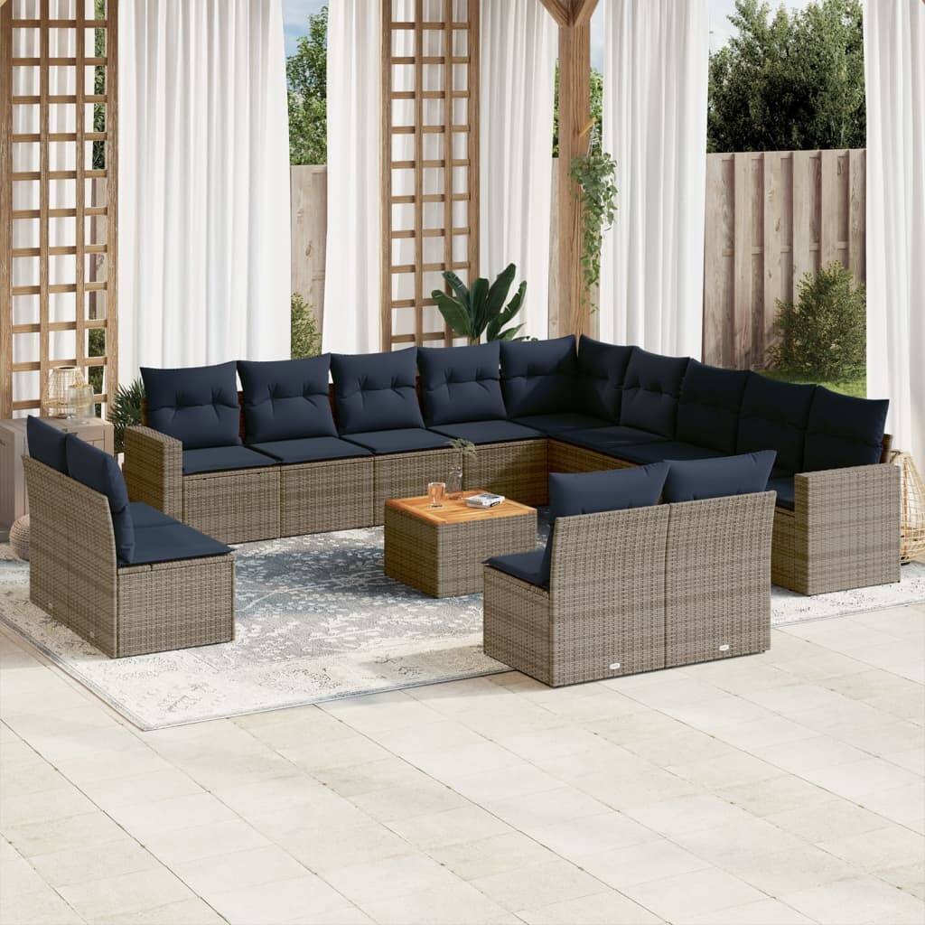 vidaXL 14 Piece Patio Sofa Set with Cushions Grey Poly Rattan - 24.4" x 24.4" x 27.2"