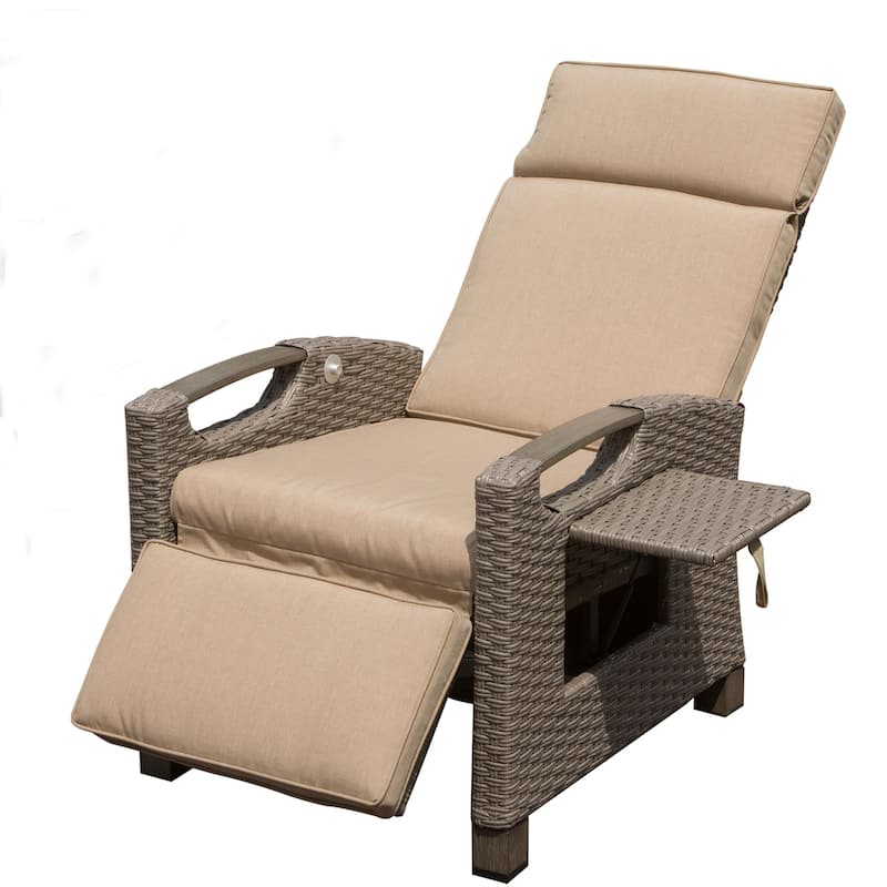 Outdoor Recliner Chair,Patio Recliner with Hand-Woven Wicker,Flip Table Push Back,Adjustable Angle,Reclining Lounge Chair - Beige