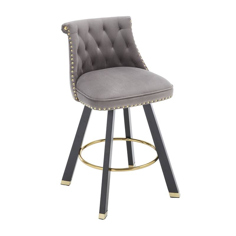 Versatile Velvet Tufted Bar Chairs Set of 2 Swivel Bar Stools with Back Pull Ring, Rivet Decoration and Wooden Square Foot