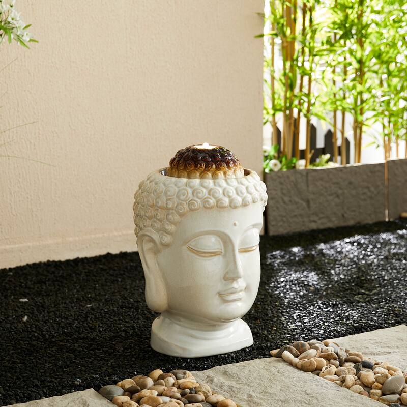 Glitzhome 18"H Zen-Style Buddha Head Ceramic LED Lighted Tabletop or Outdoor Floor Fountain
