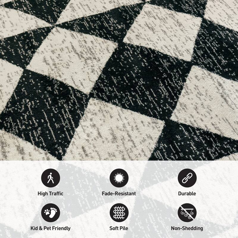 Geometric Bohemian Area Rug, Black Gray Ivory, Perfect for Living Room