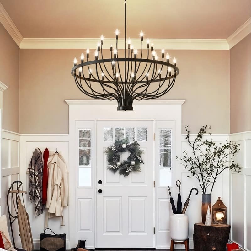 Black Chandelier, Modern Farmhouse Chandelier for Dining Room, Round Industrial Candle Chandeliers