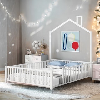 2 Color Metal Full Size House Bed with Guardrail,Kids Bed with Headboard