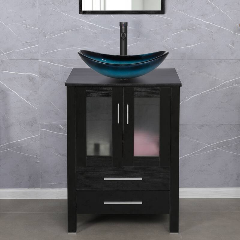 eclife 24" Classical Bathroom Vanity Set with Tempered Glass Vessel Sink Oil Rubbed Bronze Faucet and Drain - glass blue boat sink