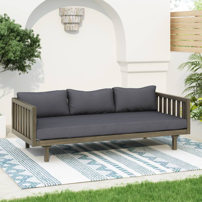 Roomfitters 3 Seater Wooden Patio Sofa with Weather-Resistant Cushions, Modern Outdoor Daybed, Sturdy Patio Seating