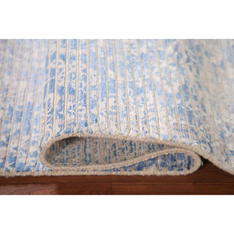Striped Blue Abstract Modern Accent Rug Handmade Wool Carpet - 3'11"x 5'7"