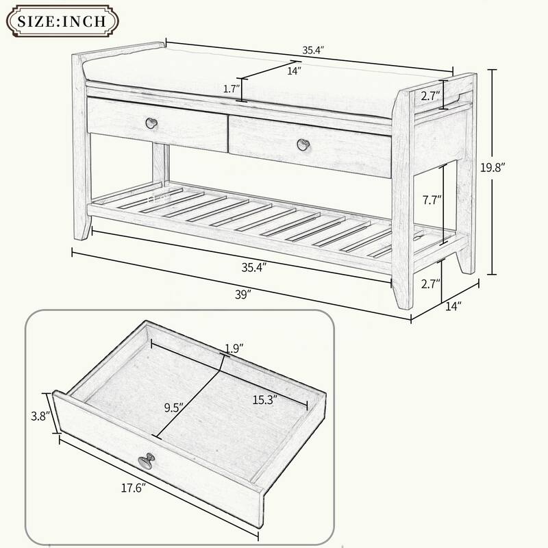 Shoe Rack with Cushioned Seat and Drawers