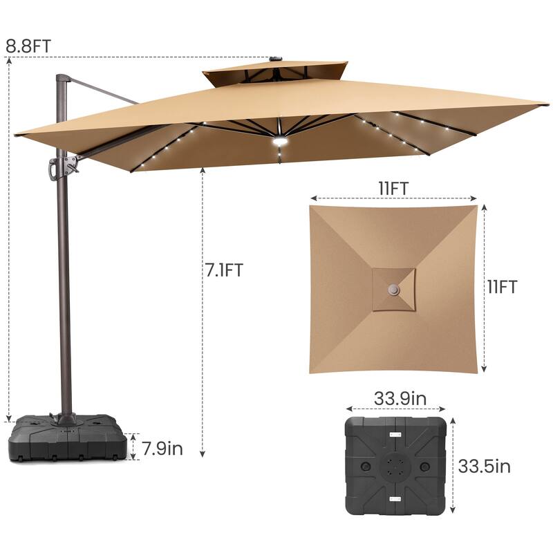 11 FT Solar-Powered LED Patio Cantilever Umbrella with Double Canopy and Base