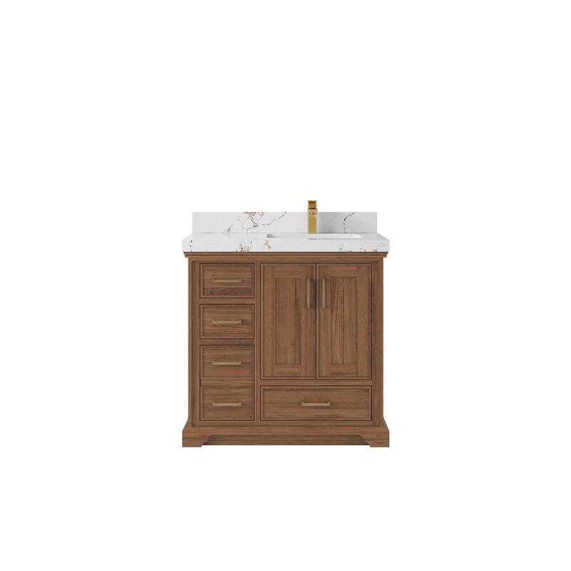 Willow Collections 36 in. W x 22 in. D Charlotte Teak Right Offset Sink Bathroom Solid Teak Vanity with Countertop - 2"Viola Gold - Dark Natural