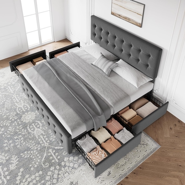 Full Bed Frame with Headboard and 4 Storage Drawers, Platform Bed