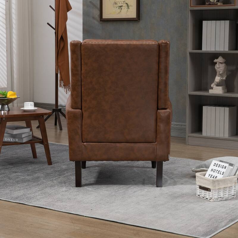 Brown PU Modern 29.33" High Back Upholstered Arm Chair with Sturdy Wood Legs and Nailheads for Living Room