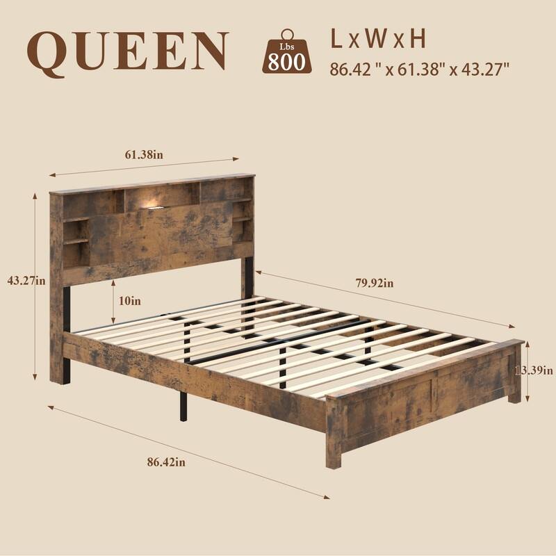 alazyhome Wooden Platform Storage Bed Frame with Charging Station, LED Lights & Bookcase