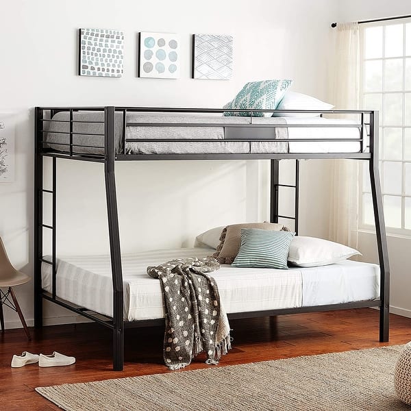 slide 2 of 8, Black Bunk Bed Metal Full XL/Queen Bunk Bed with Protective Fence - Safe and Stylish Design Black