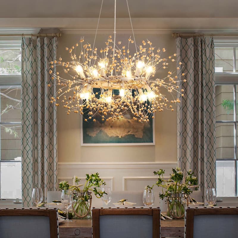 9-Light Modern Firework Sphere Chandelier with Wooden Beads for Dining Room and Living Room - W 31.5" - Wood Beads
