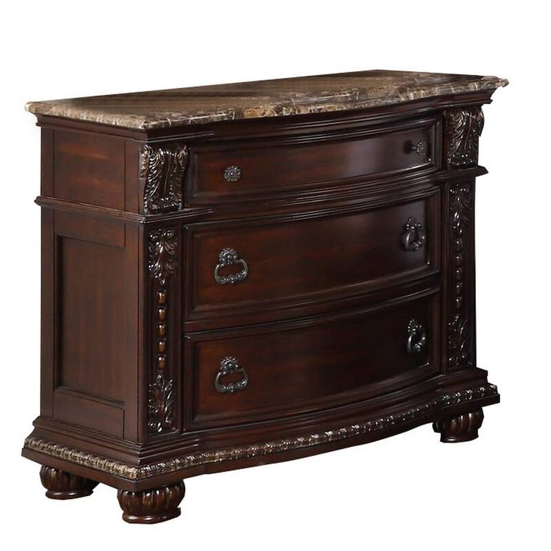 Caitlin Four Pc Queen Bedroom Set, Tufted Faux Leather Headboard, Marble Tops, Brown