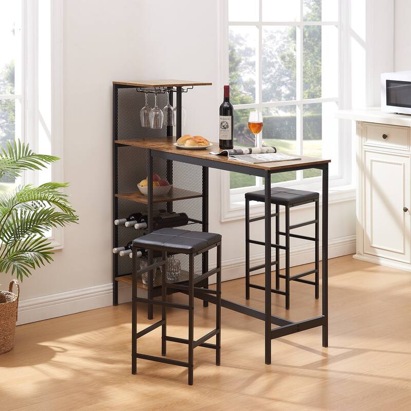 Javlergo 3-Piece Bar Table Set, Rectangular Wood Counter Height Table with 2 Upholstered Stools, Wine Rack & Glass Holder