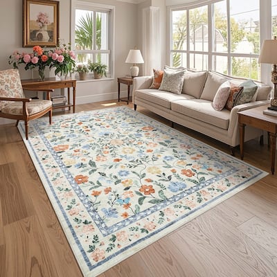 Living Room Rug Machine Washable Area Rug Non Slip Farmhouse Floral Rug Low Pile Soft Foldable Rugs