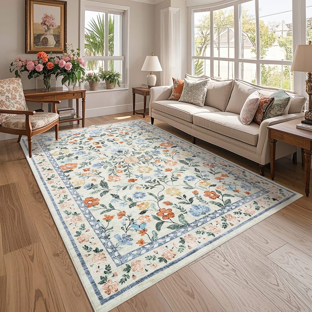 Living Room Rug Machine Washable Area Rug Non Slip Farmhouse Floral Rug Low Pile Soft Foldable Rugs