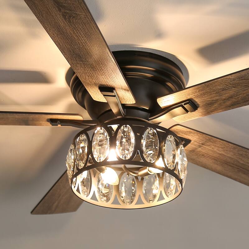 52" 5-Blade Flush Mount Ceiling Fan with Crystal Light Remote Control - 52 Inch