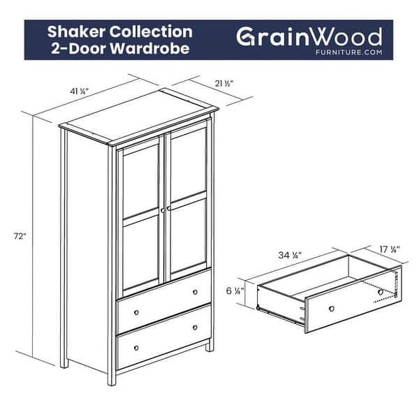 dimension image slide 1 of 2, Grain Wood Furniture Shaker 2-Door Solid Wood Armoire