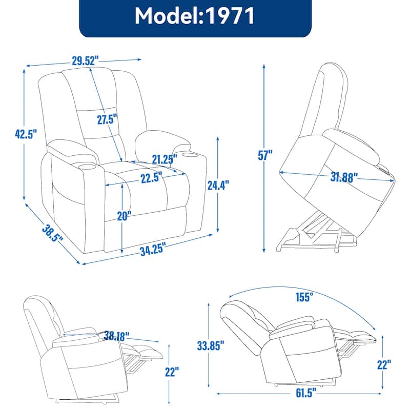 Grey Spacious Power Lift Recliner with Massage, Heat, Dual USB Ports, Type C Charging, and Cup Holders