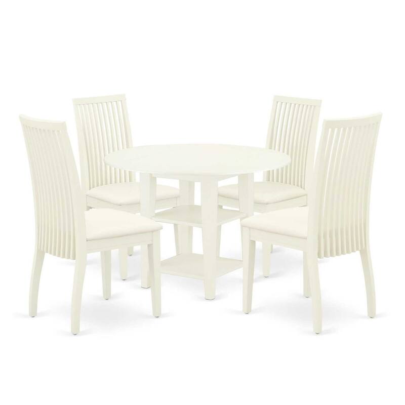 5-Piece Linen White Finish Solid Wood Top - Round Dining Room Set - Seats 4