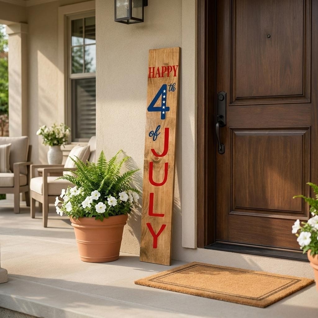 HomeRoots 47" Natural Red White And Blue Solid Wood Happy July 4th Porch Sign