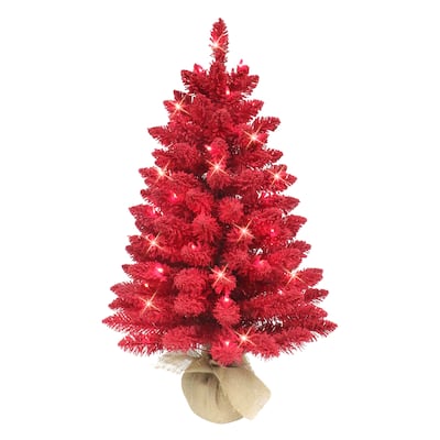 Puleo International 3' Pre-Lit Artificial Flocked Fashion Red Tree