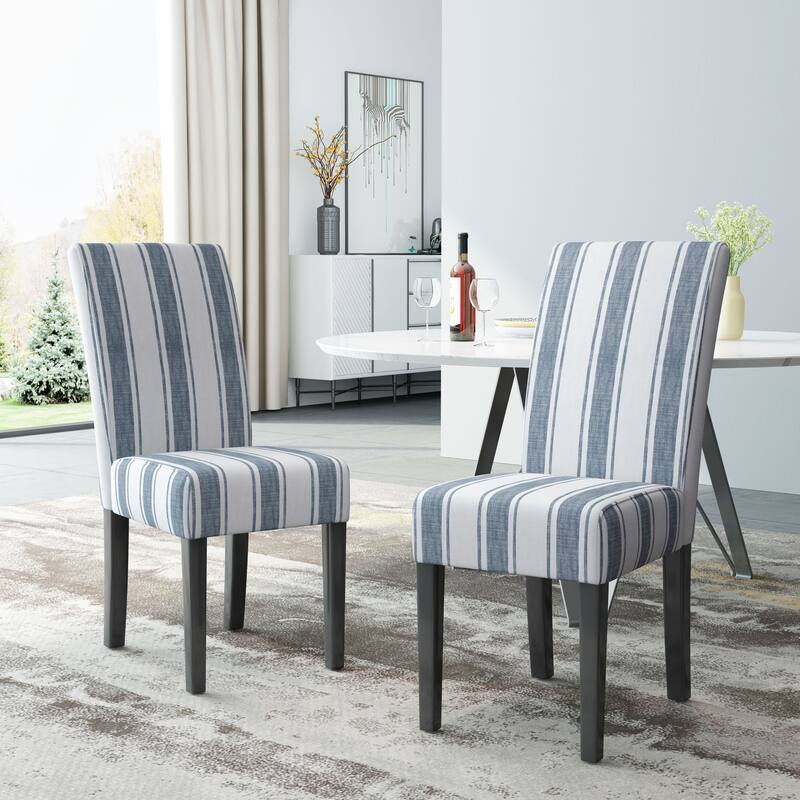 Striped Dining Chairs Set, High-Back Kitchen Chairs, Armless Upholstered Chairs with Wooden Legs, Set of 2