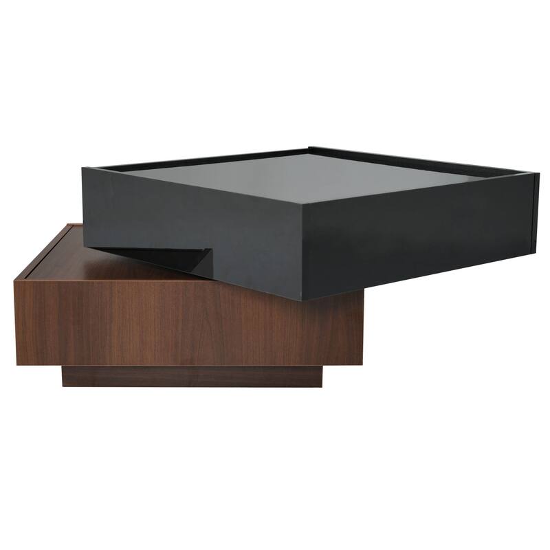 Roomfitters 360° Rotating Coffee Table with High Gloss Finish, Multi-Storage Square Center Table with Swivel Tabletop, Black