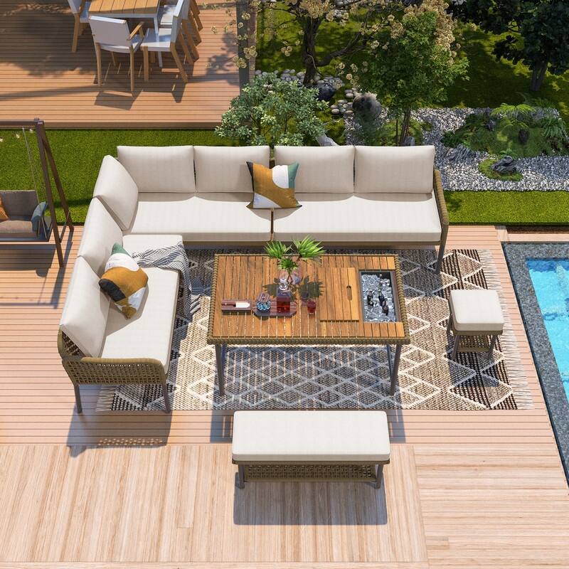 6 Piece Outdoor Sectional Sofa Set with Acacia Wood Table with Ice Box - Beige