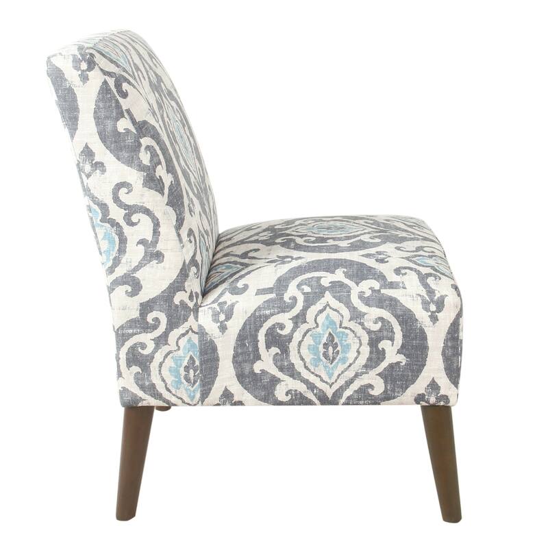 Armless Accent Chair, Vintage Medallion Print, Blue White Polyester