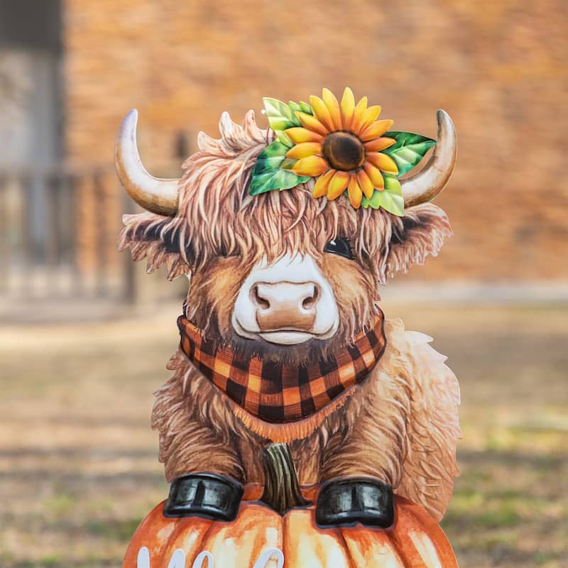 Glitzhome Fall Metal Pumpkin Patch Combo Yard Stake Highland Cow Wall Decor for Thanksgiving