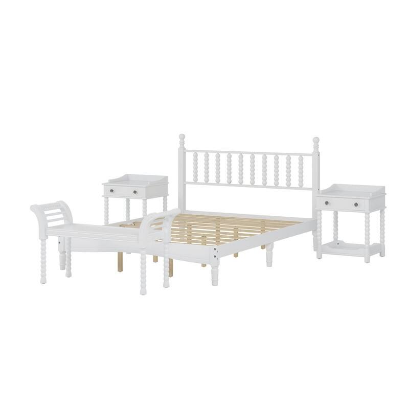 2/3/4-Pc Bedroom Sets Twin/Queen White Platform Bed w/LED/Nightstands/Ottoman/Headboard - Sherpa/High Gloss/Retro/Wood/Acrylic
