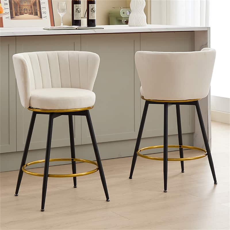 Counter Height Bar Stools Set of 2, 360° Swivel Upholstered Barstools with Backs and Metal Legs. - Beige