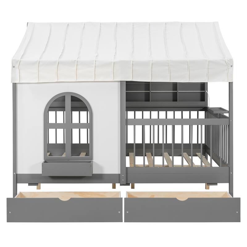 Kids Fence Platform Bed Full Size House Bed with Tent, Bookshelf, Light Strip, Charging Station, Shelves and Storage Drawers