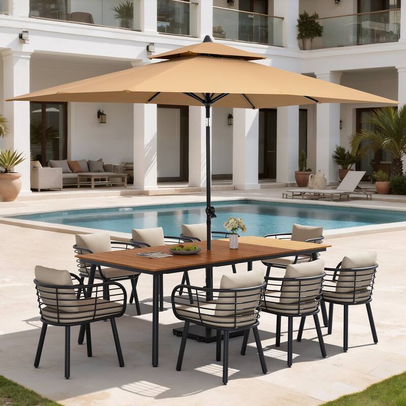11PC Outdoor Patio Dining Set Aluminum Table with Sunbrella Cushion Chairs w/ Premium Market Umbrella Sets - BrownTable&CabChairs&TanUmbrella