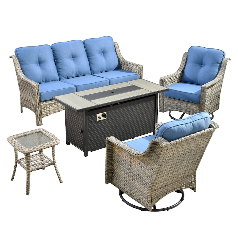 OVIOS 5 Pieces Outdoor Wicker Set with 54" Fire Table