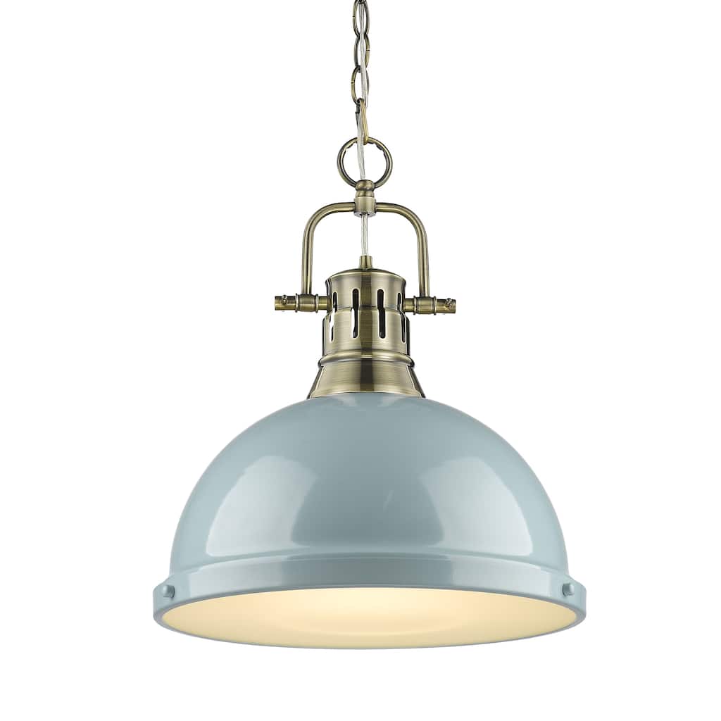 Yep by Golden Lighting Duncan 1-light 14in Chain Hung Pendant in Aged Brass and Seafoam shade