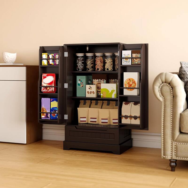 Kitchen Pantry Storage Cabinet, Freestanding Storage with Shelves and 1 Drawer
