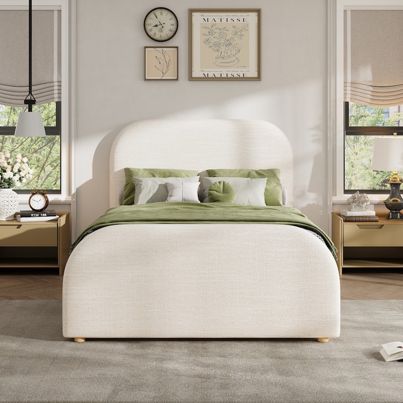 Beige Linen Upholstered Bed Curved Headboard Wingback Frame Low Profile Platform Bed