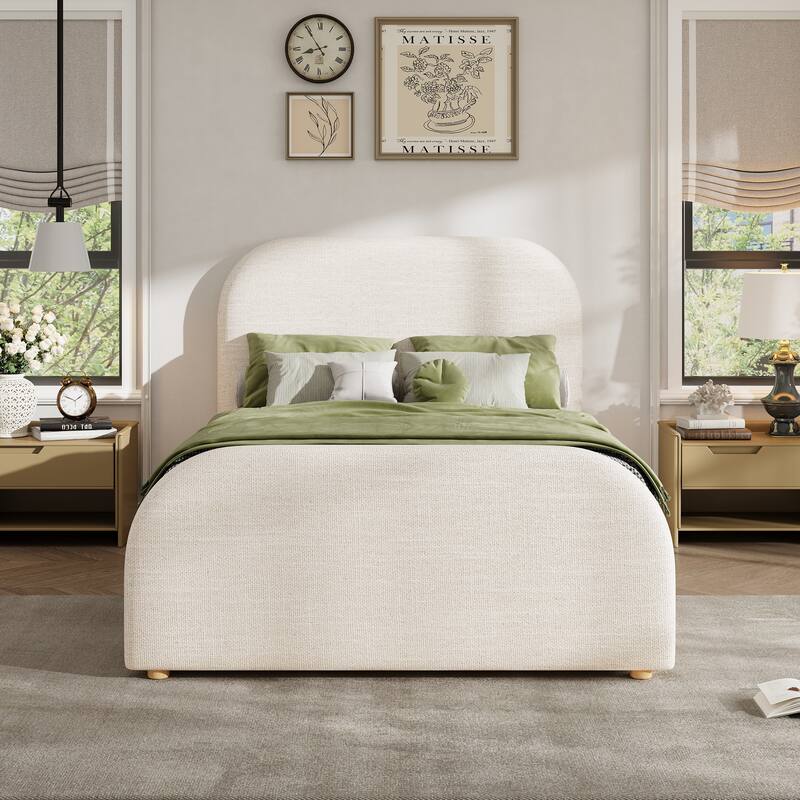 Twin Size Bed Frame with Linen Upholstered Headboard, Solid Wood Legs, Beige